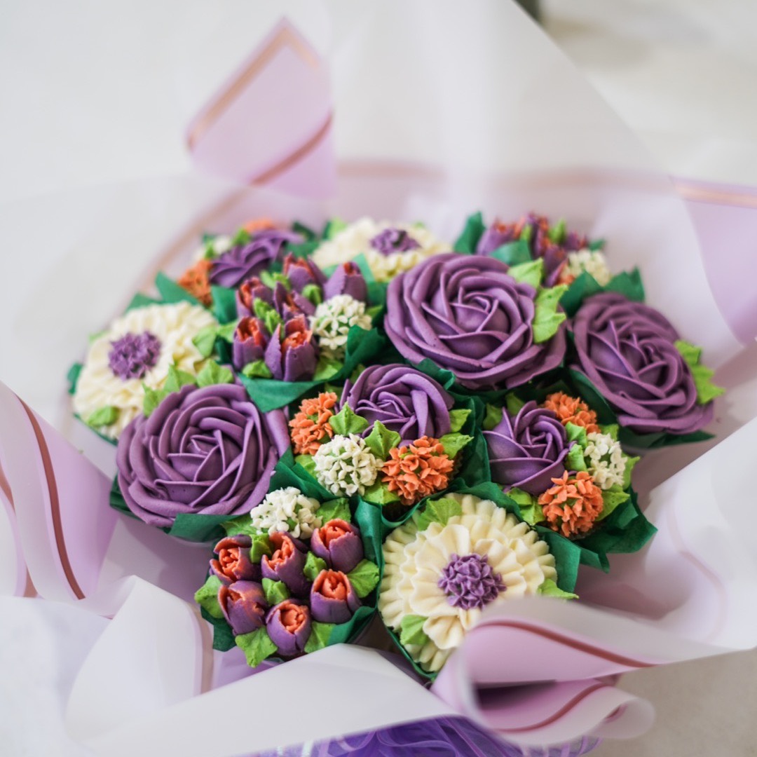 Flowbaked purple cupcake bouquet